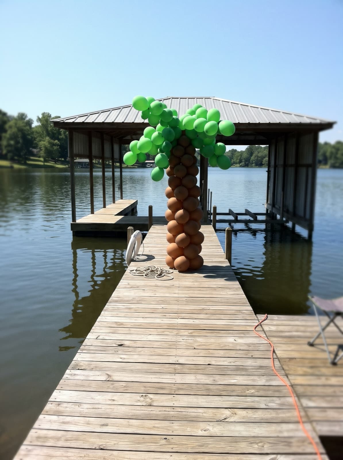 Palm tree balloon column on a lake house dock