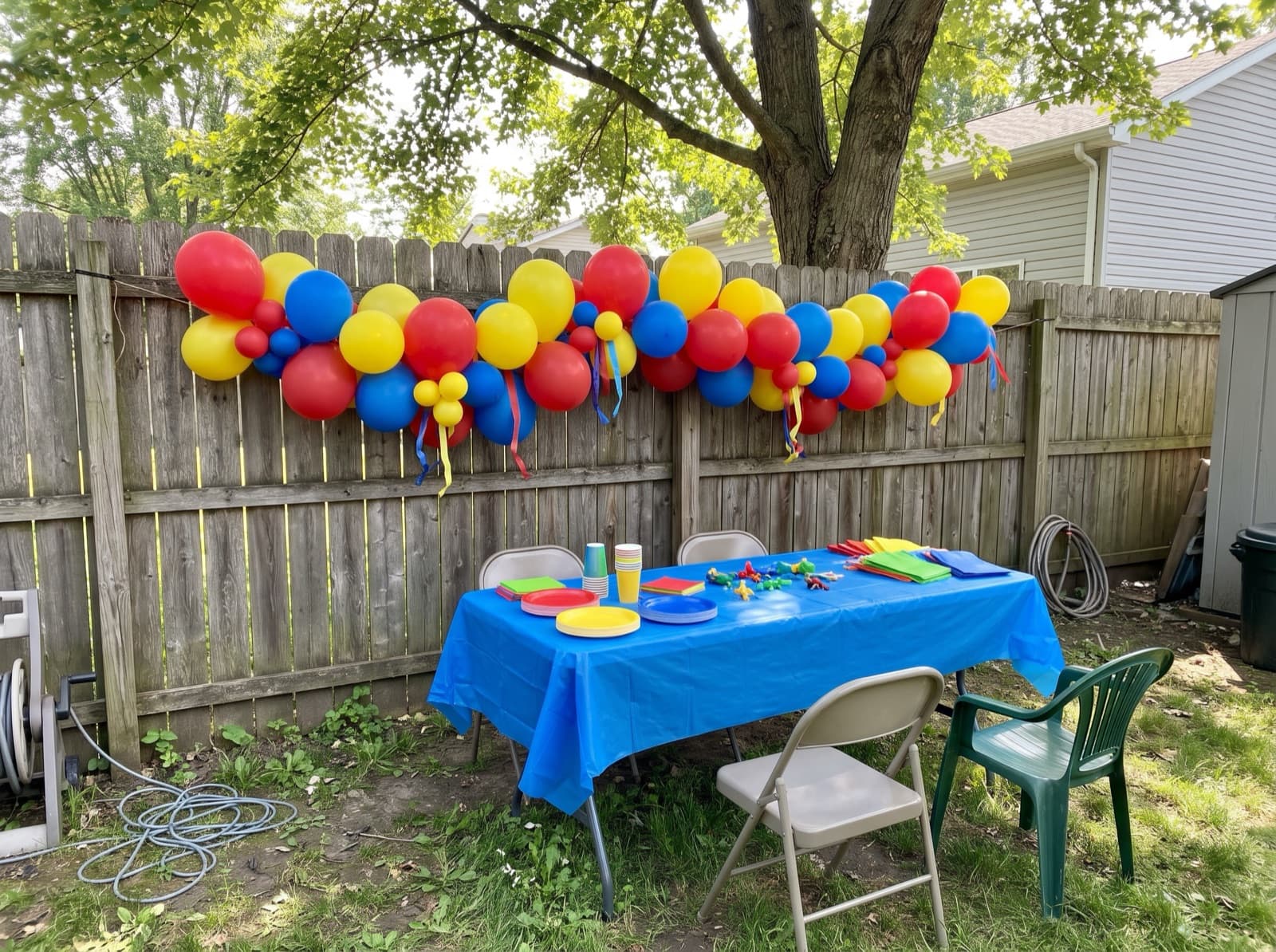 Colorful balloon garland on a backyard privacy fence