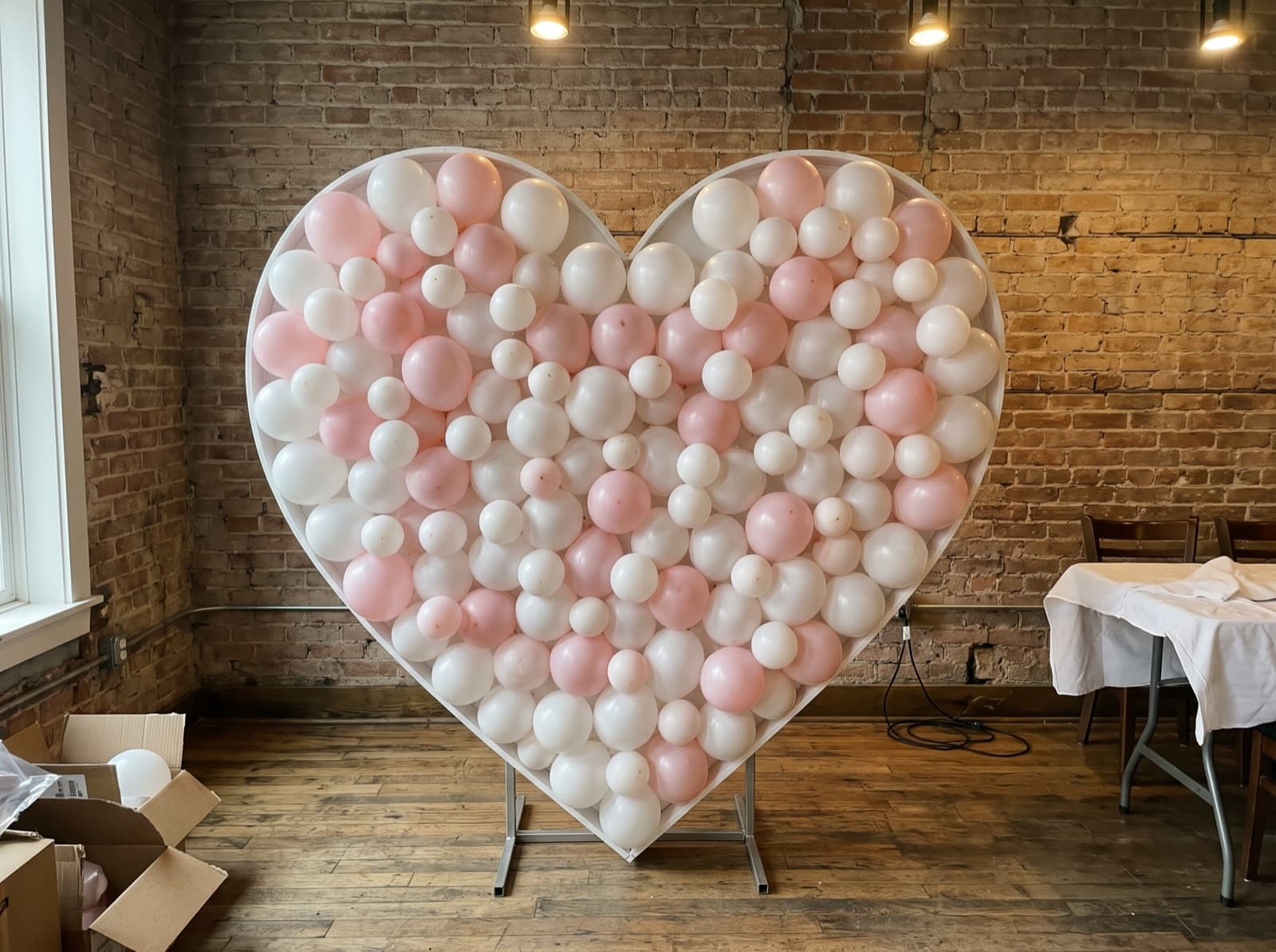 Heart-shaped balloon mosaic in white and pale pink