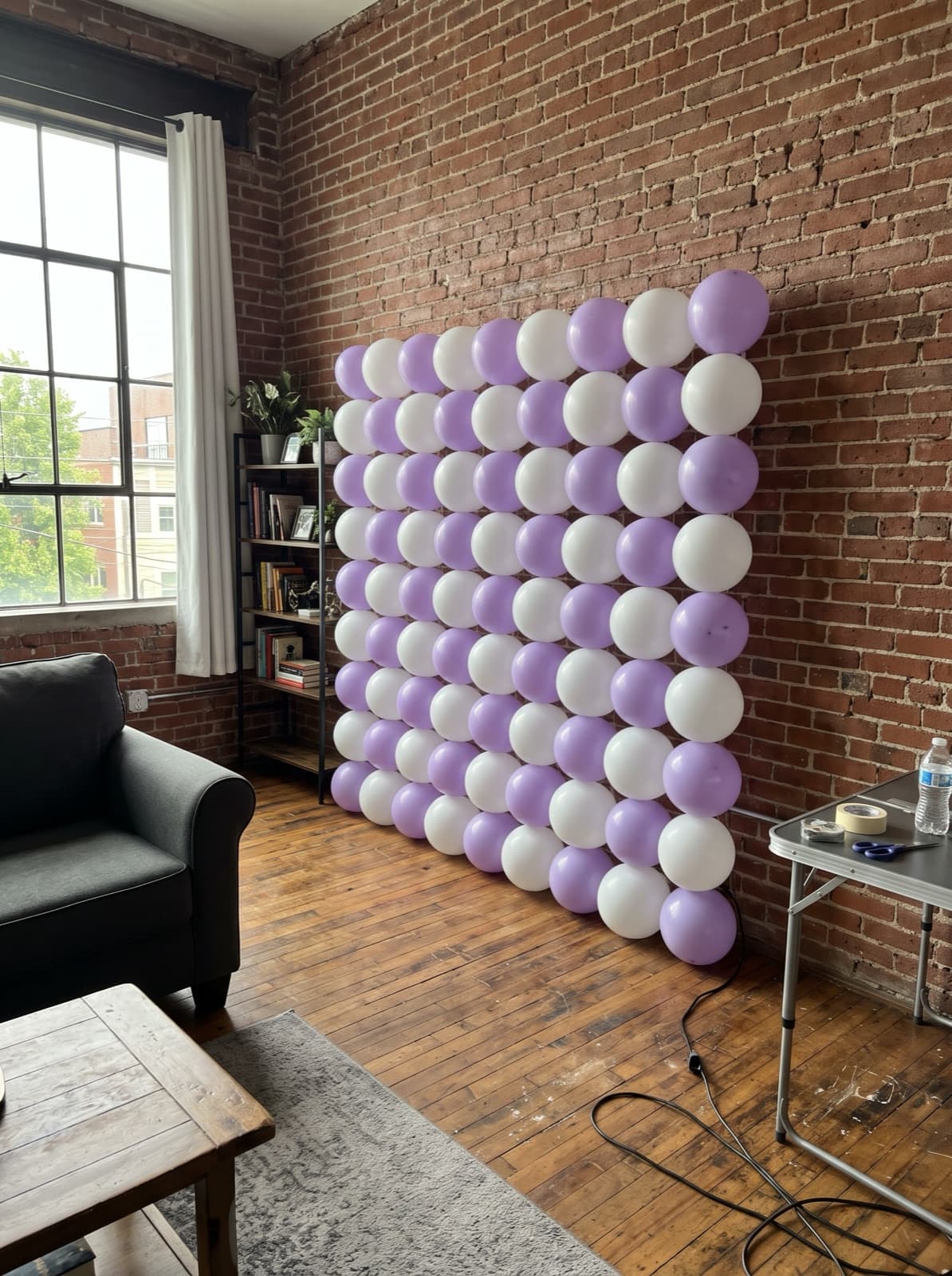Grid balloon wall in a lavender and white checkerboard