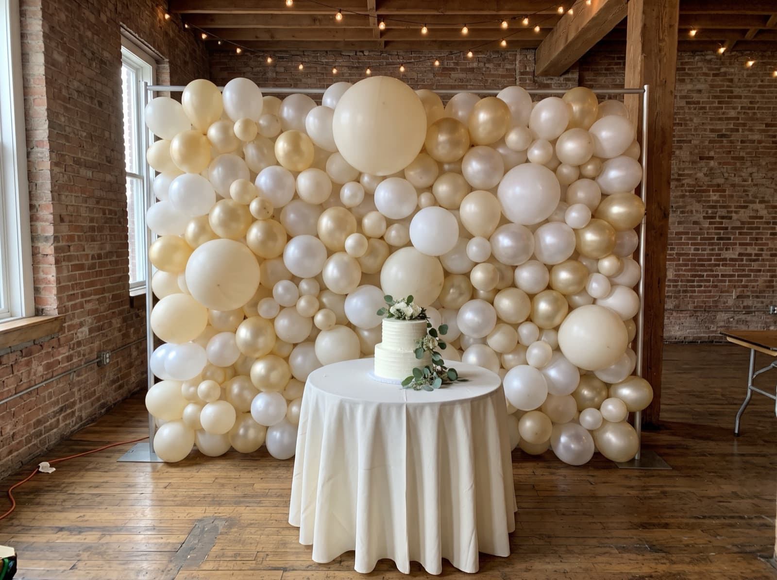 Organic balloon wall in ivory, pearl and pale gold behind a sweetheart table in a Nashville event space