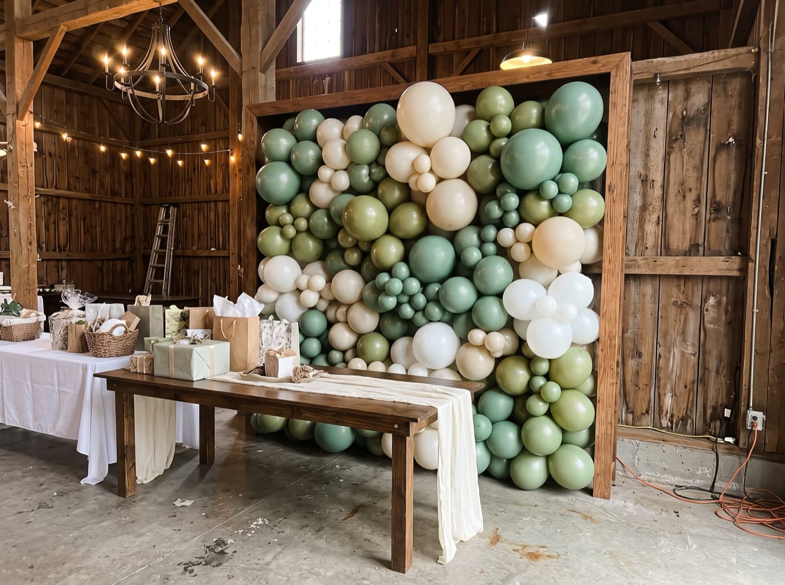 Organic balloon wall in sage, olive and cream in a barn venue
